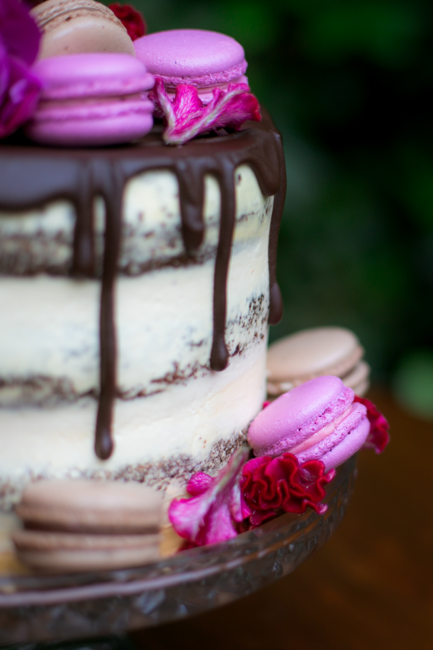 Chocolate Dripped Naked Wedding Cake with Macarons - Colchester, Connecticut Wedding Photographer