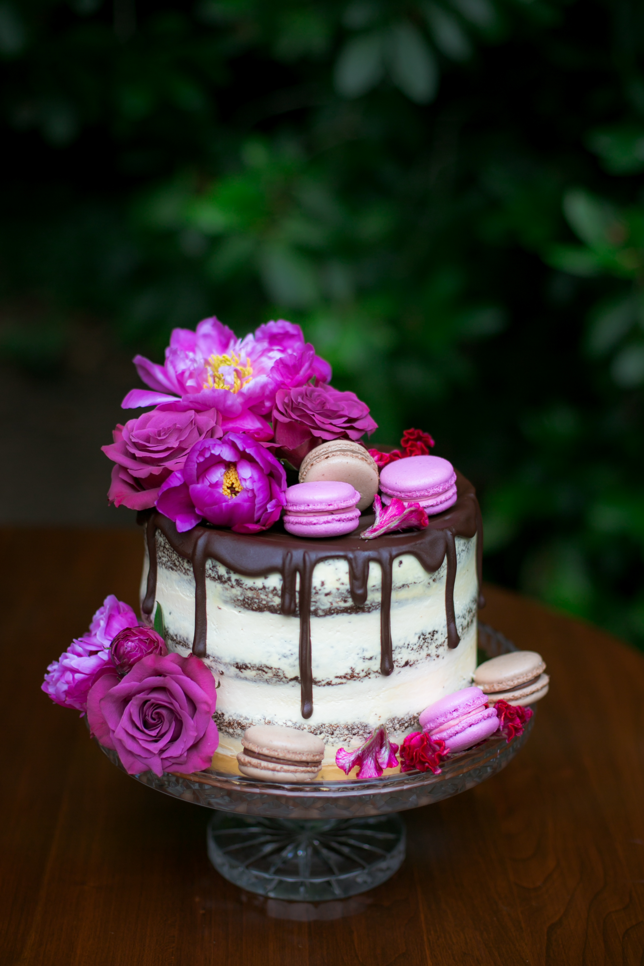 Chocolate Dripped Naked Wedding Cake with Macarons - Colchester, Connecticut Wedding Photographer