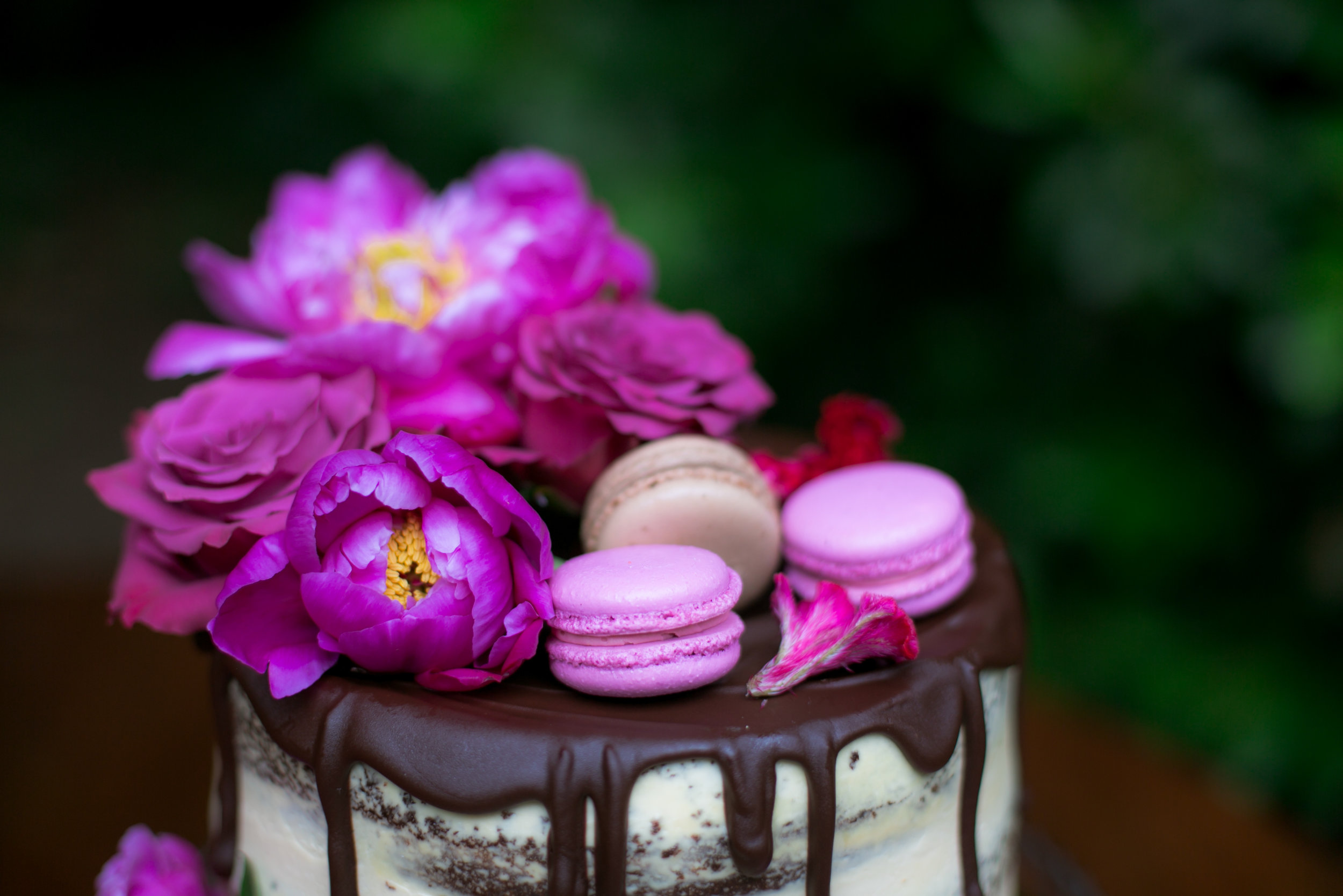 Chocolate Dripped Naked Wedding Cake with Macarons - Colchester, Connecticut Wedding Photographer