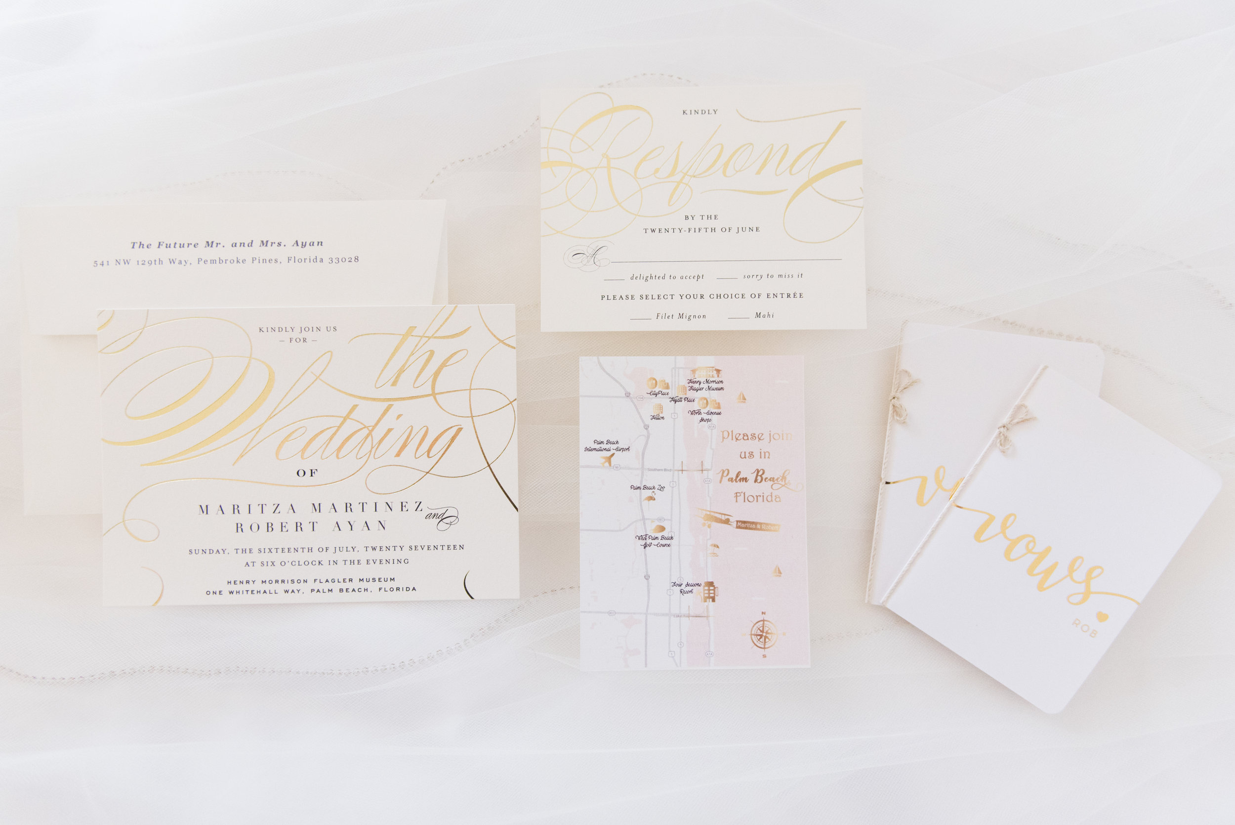 Gold and White Wedding Invitations - Flagler Museum Palm Beach Wedding Venue - The Overwhelmed Bride Wedding Blog