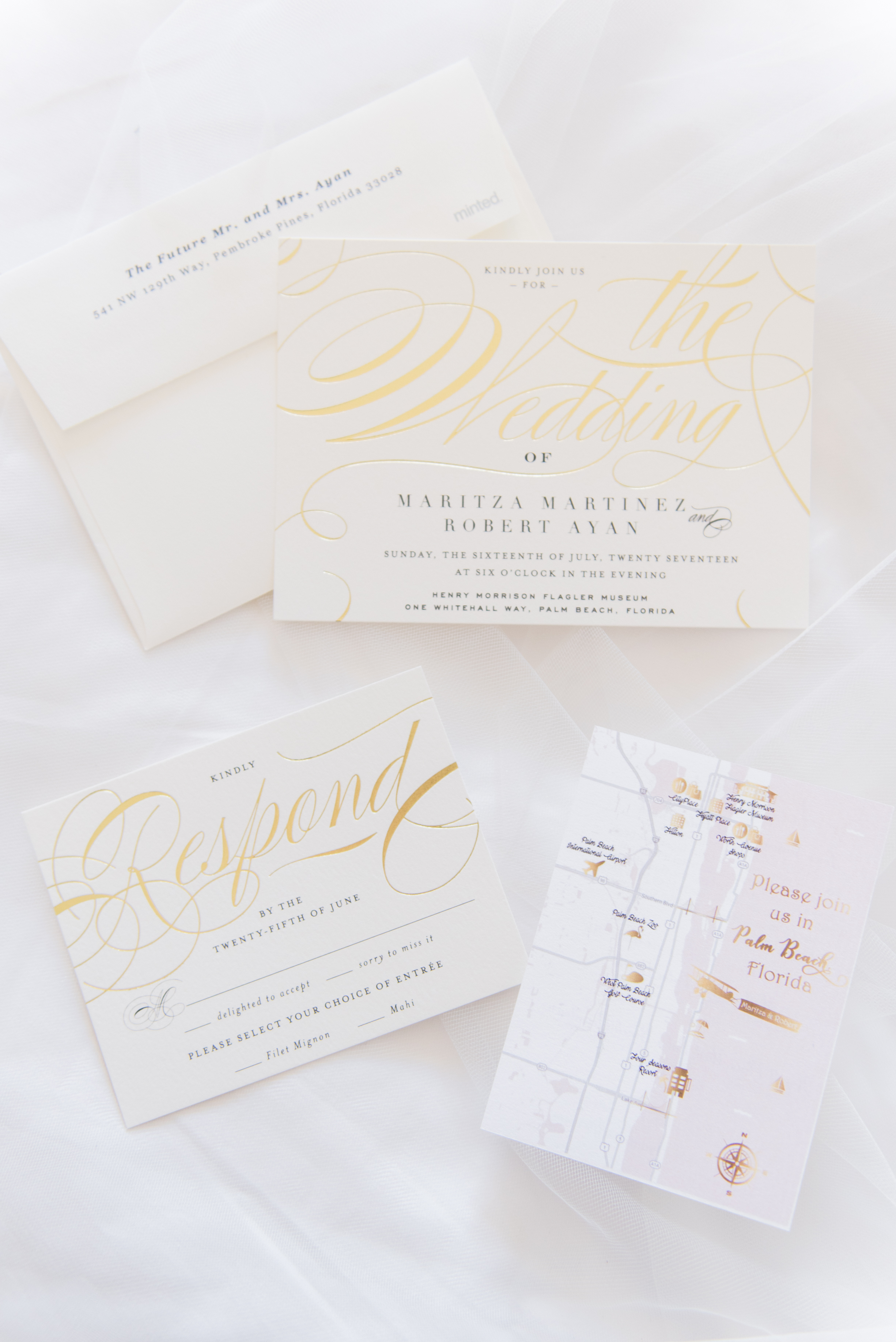 Gorgeous Gold and White Wedding Invitations - Flagler Museum Palm Beach Wedding Venue - The Overwhelmed Bride Wedding Blog