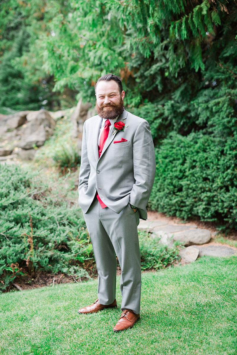 Grey and Red Groom Attire - Classic Washington Garden Wedding - The Overwhelmed Bride Wedding Blog