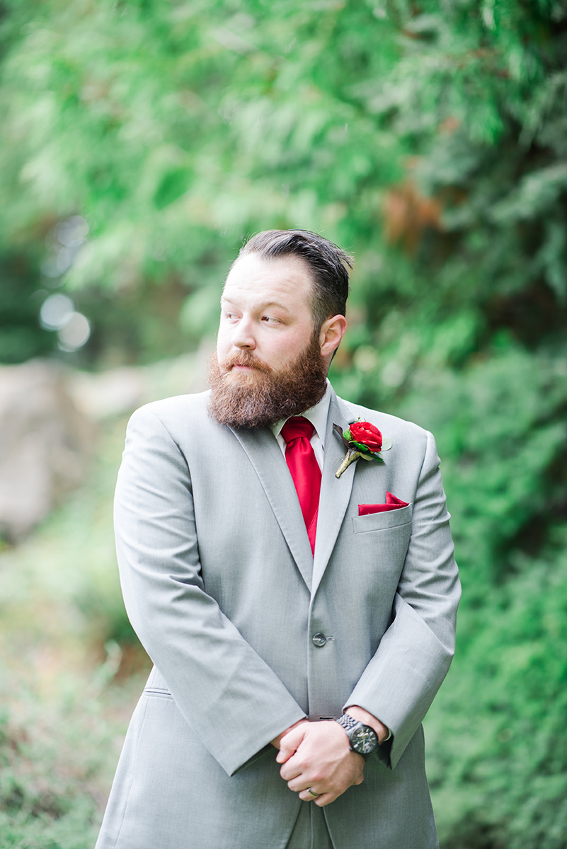 Grey and Red Groom Attire - Classic Washington Garden Wedding - The Overwhelmed Bride Wedding Blog