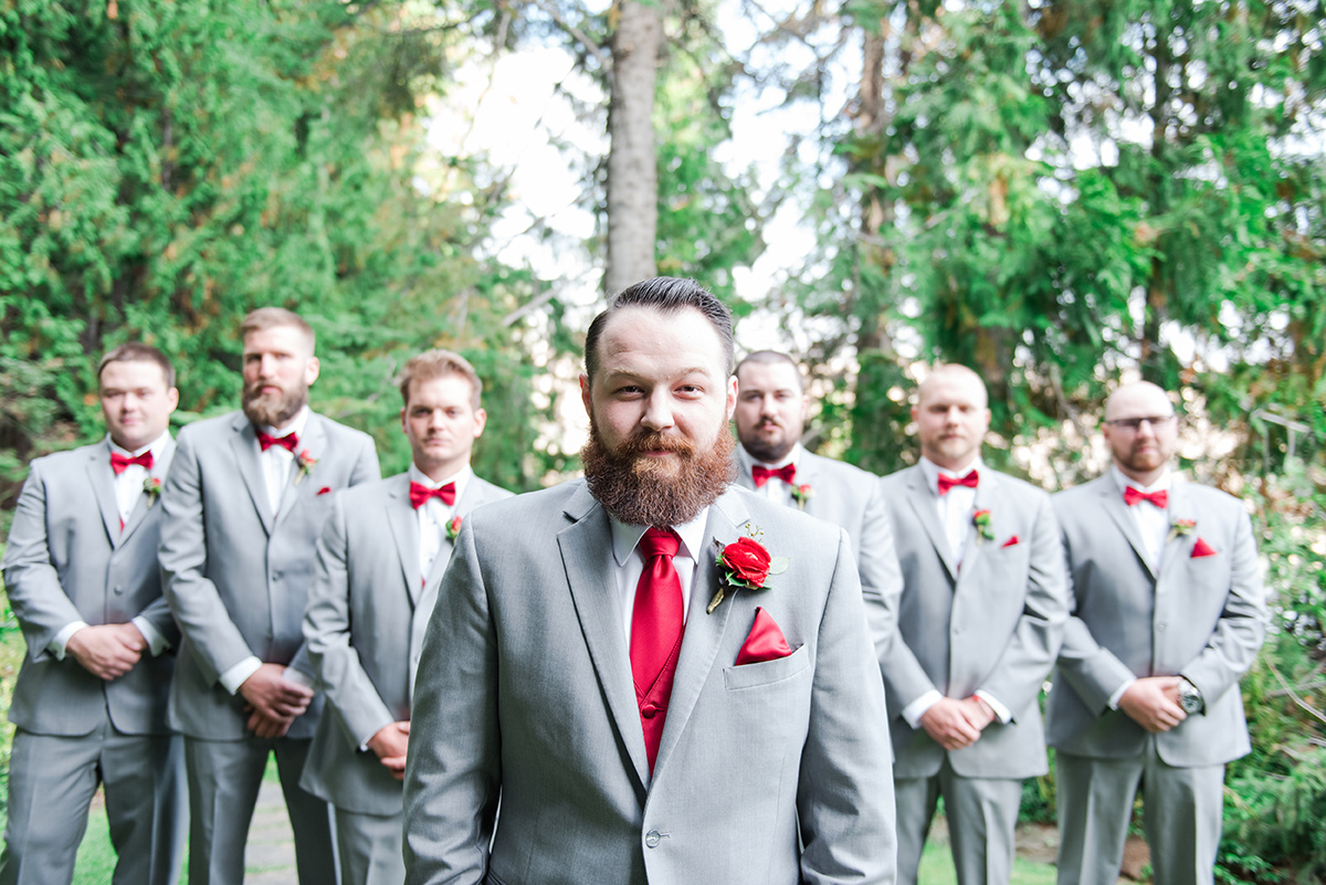 Grey and Red Groomsmen Attire - Classic Washington Garden Wedding - The Overwhelmed Bride Wedding Blog