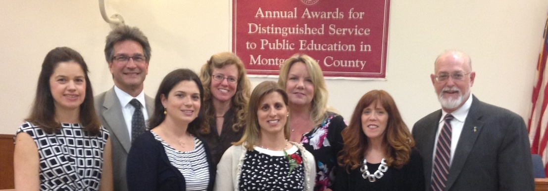 DSNMC received the Distinguished Service to Public Education award by the Montgomery County Board of Education for the TFS conference, which is co-hosted by F.R.I.E.N.D.S. of Frederick County. (L to R: Kathy Myers, Denny Weikert, Katie Routzahn, Julie Ryan-Silva, Heather Sachs, Leslie Bisignano, Ricki Sabia, and Bob Walsh.)