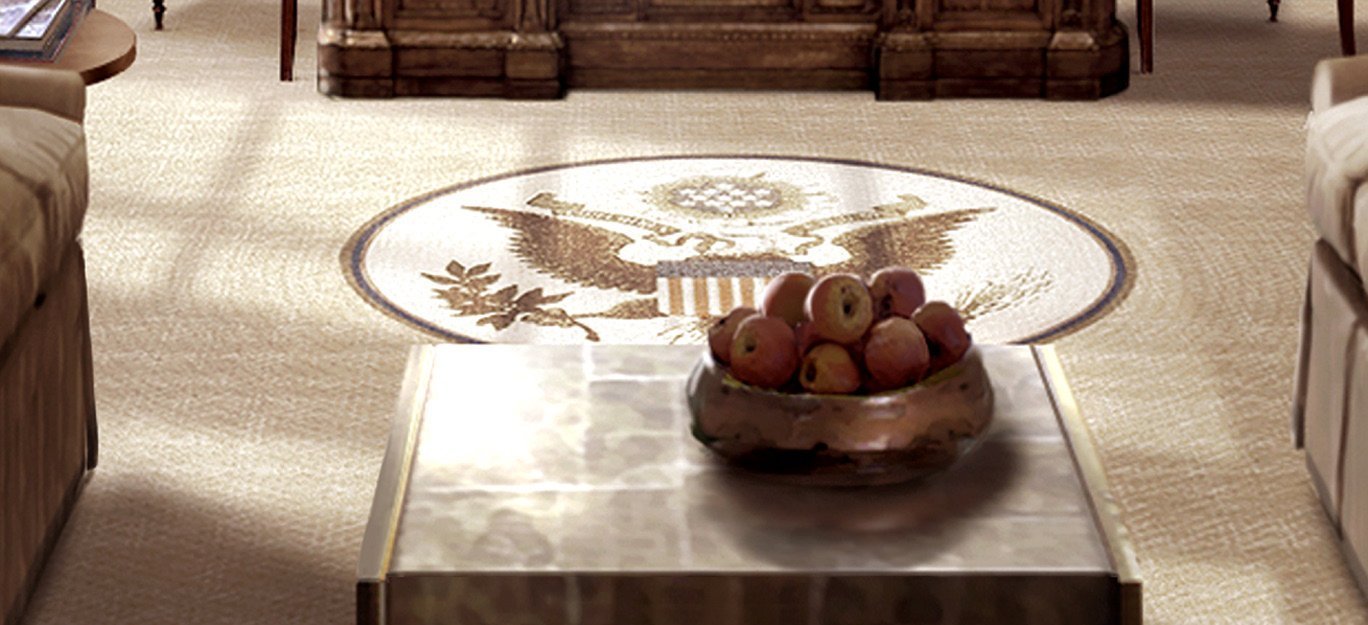  Closeup of the Obama White House Oval Office rug and curtain design, digital rendering featuring bowl of apples. 