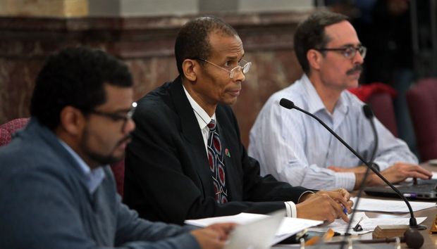 St. Louis Aldermen Antonio French (left), committee chairman Terry Kennedy and Craig Schmid attend a committee meeting proposing a civilian oversight review at City Hall on Wednesday, Jan. 28, 2015. Photo by Robert Cohen, rcohen@post-dispatch.com