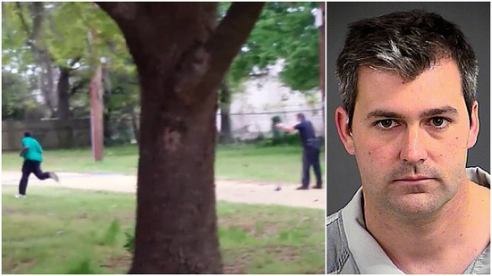 Michael Slager murdering Walter Scott on the left; public mugshot on the right