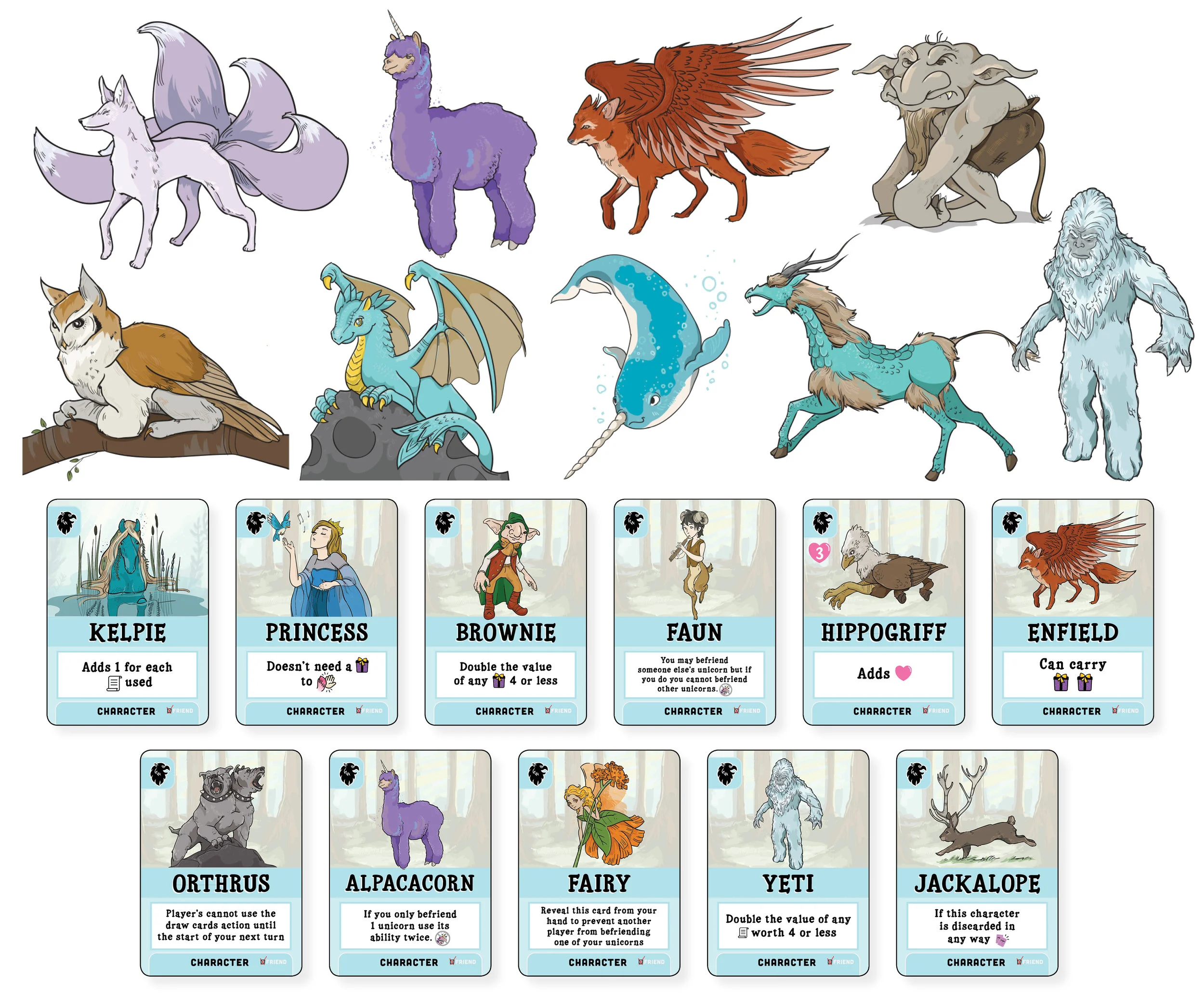 Final artwork for Unicorns Friend or Foe: Friend Edition included 24 different mythical characters.
