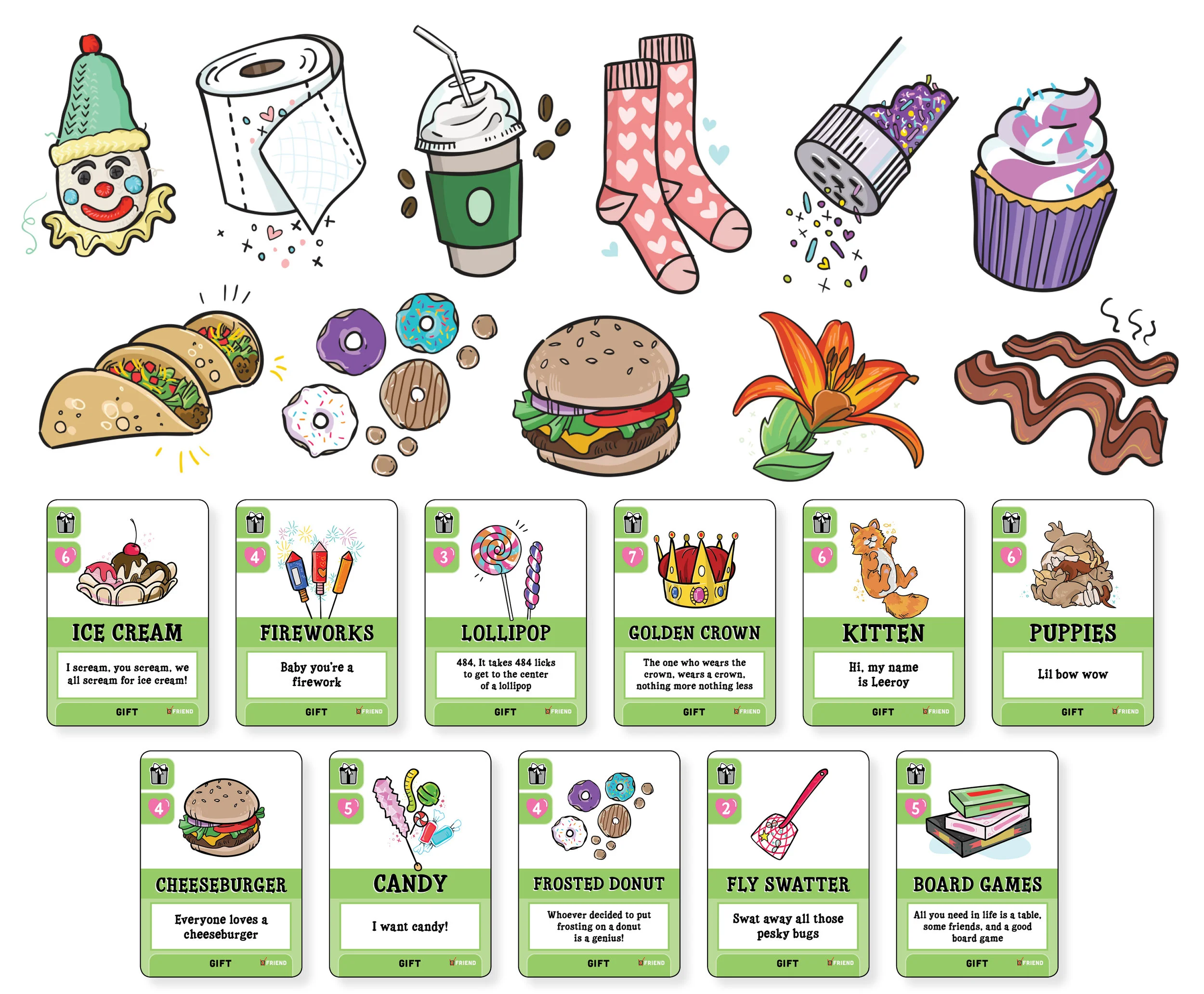 Final artwork for Unicorns Friend or Foe: Friend Edition included 21 different gift images.