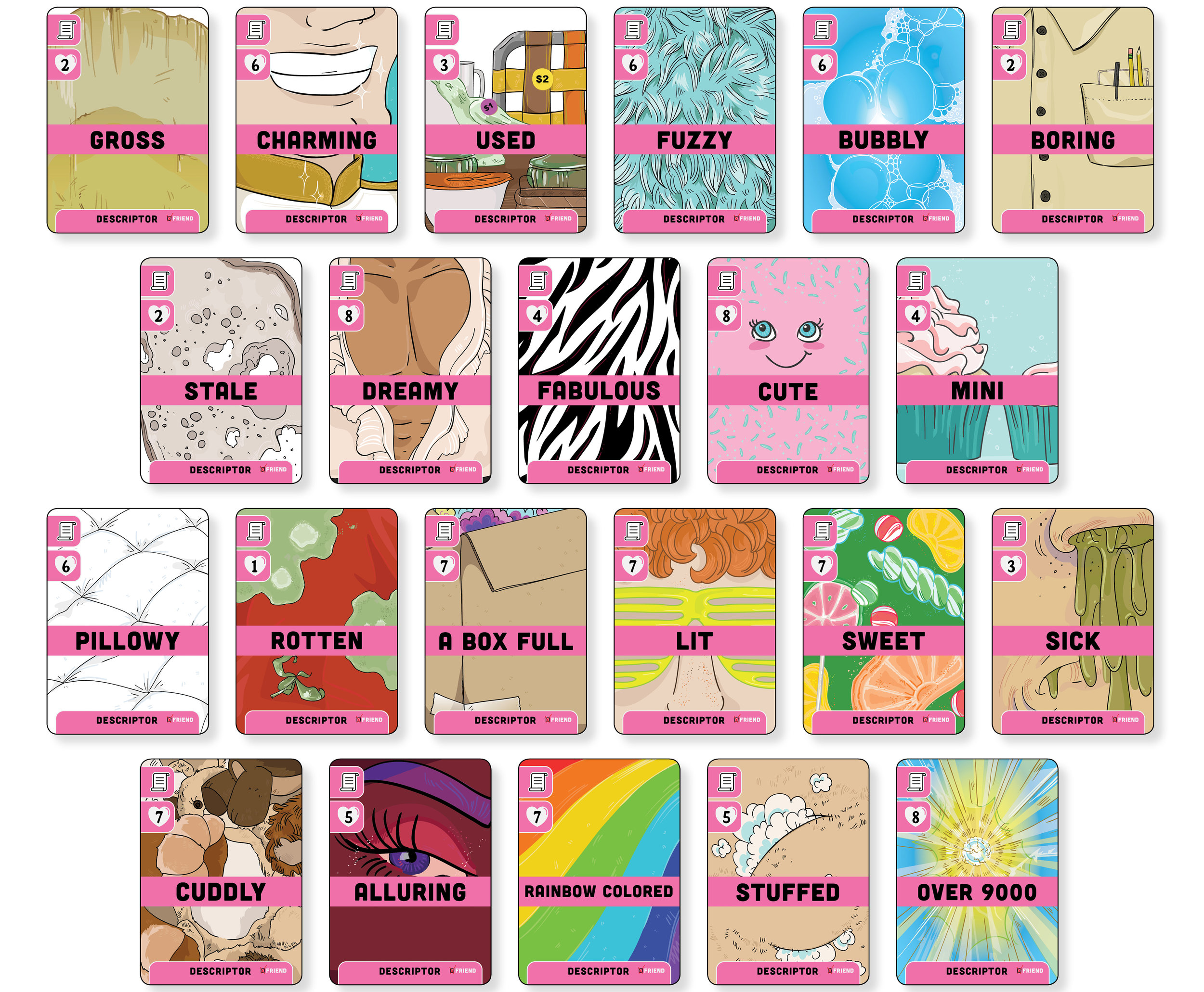 Final artwork for Unicorns Friend or Foe: Friend Edition included 36 different descriptor images.
