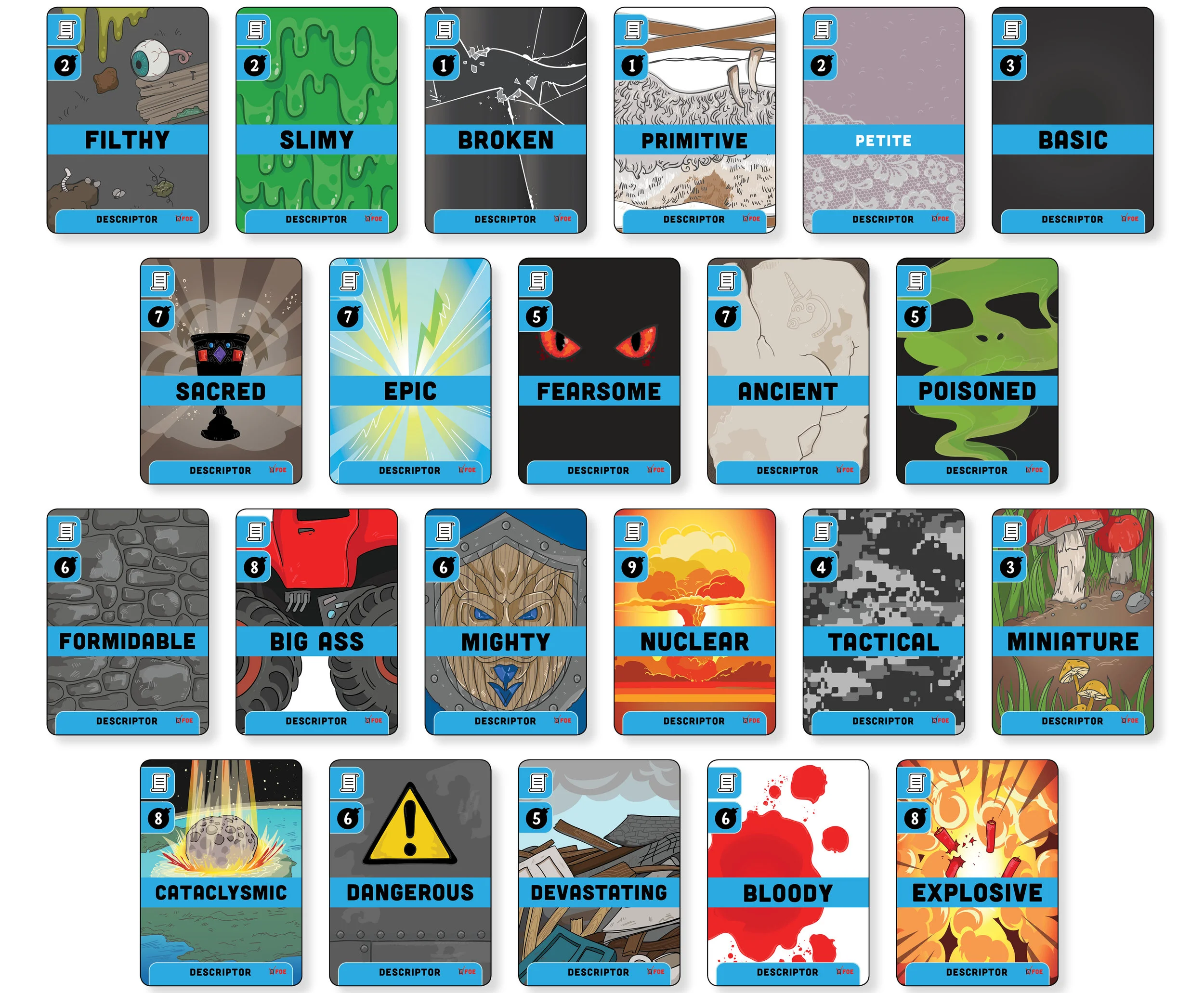 Final artwork for Unicorns Friend or Foe: Foe Edition included 36 different descriptor images.