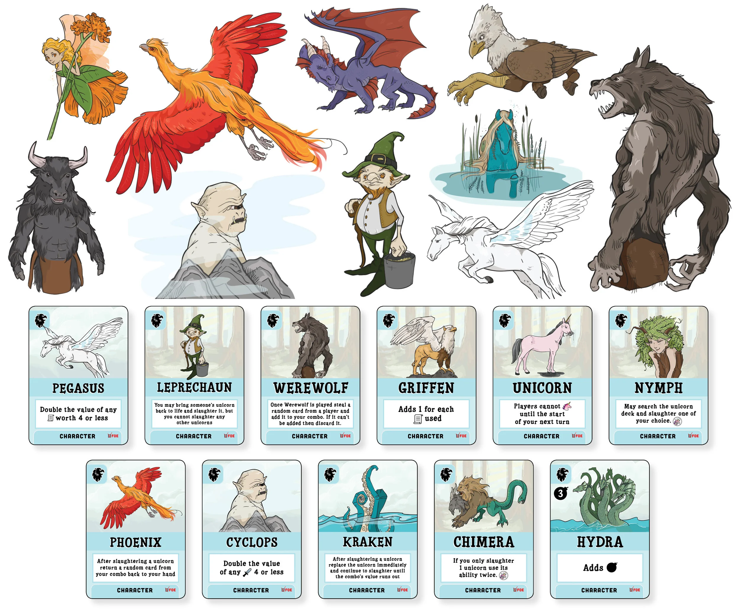 Final artwork for Unicorns Friend or Foe: Foe Edition included 24 different mythical characters.