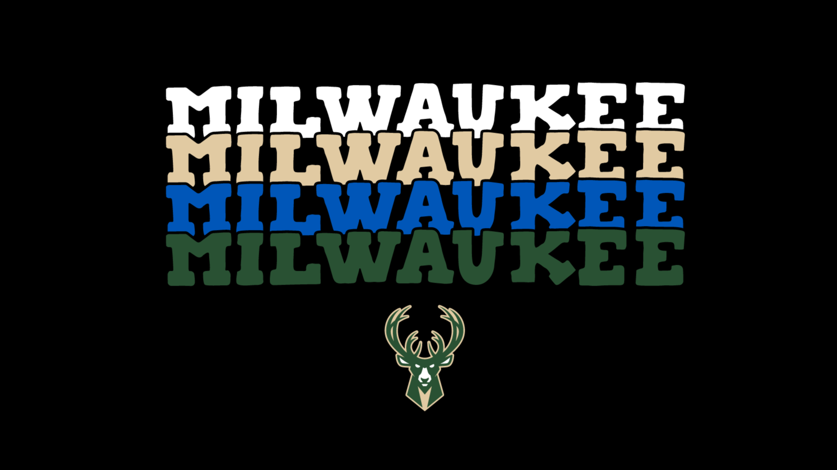 Milwaukee Bucks logo with the word "Milwaukee" repeated in white, beige, blue, and green, stacked vertically, and a buck's head emblem below.