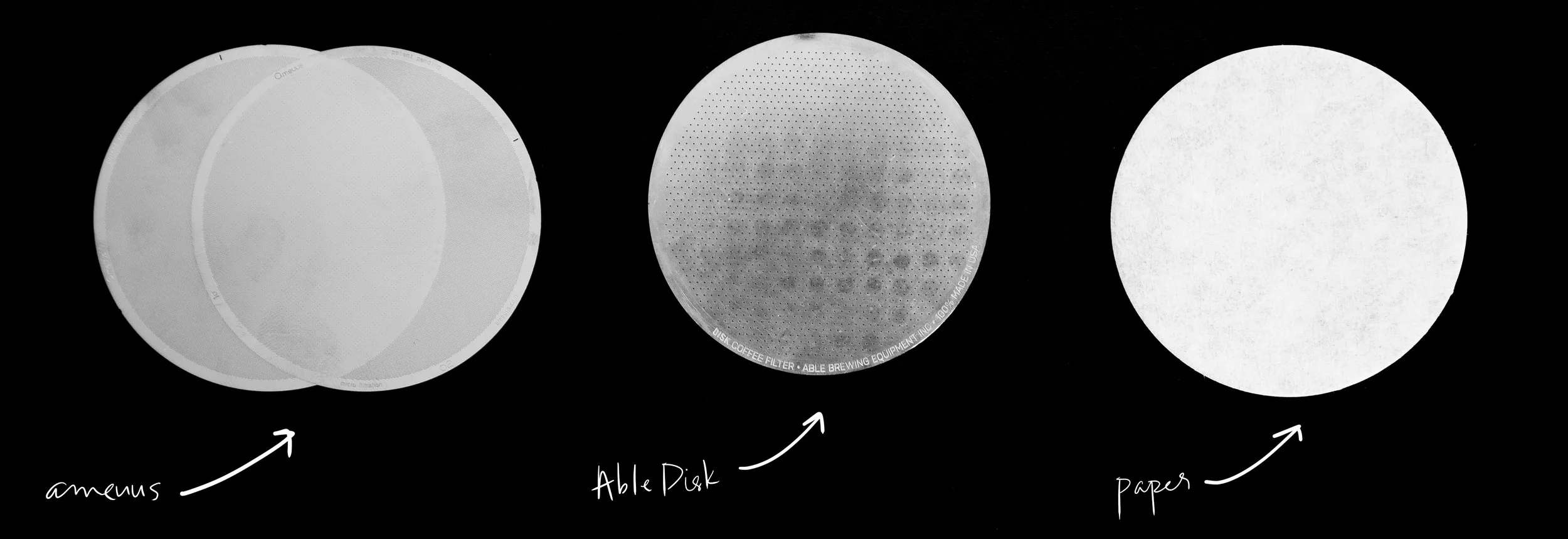 From left to right: ameuus o2 filter, Able Disk, standard paper filter