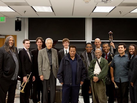 With the Thelonious Monk Institute of Jazz Class of 2014, and L to R: James Newton, Kenny Burrell, Wayne Shorter, Herbie Hancock, Jimmy Heath 