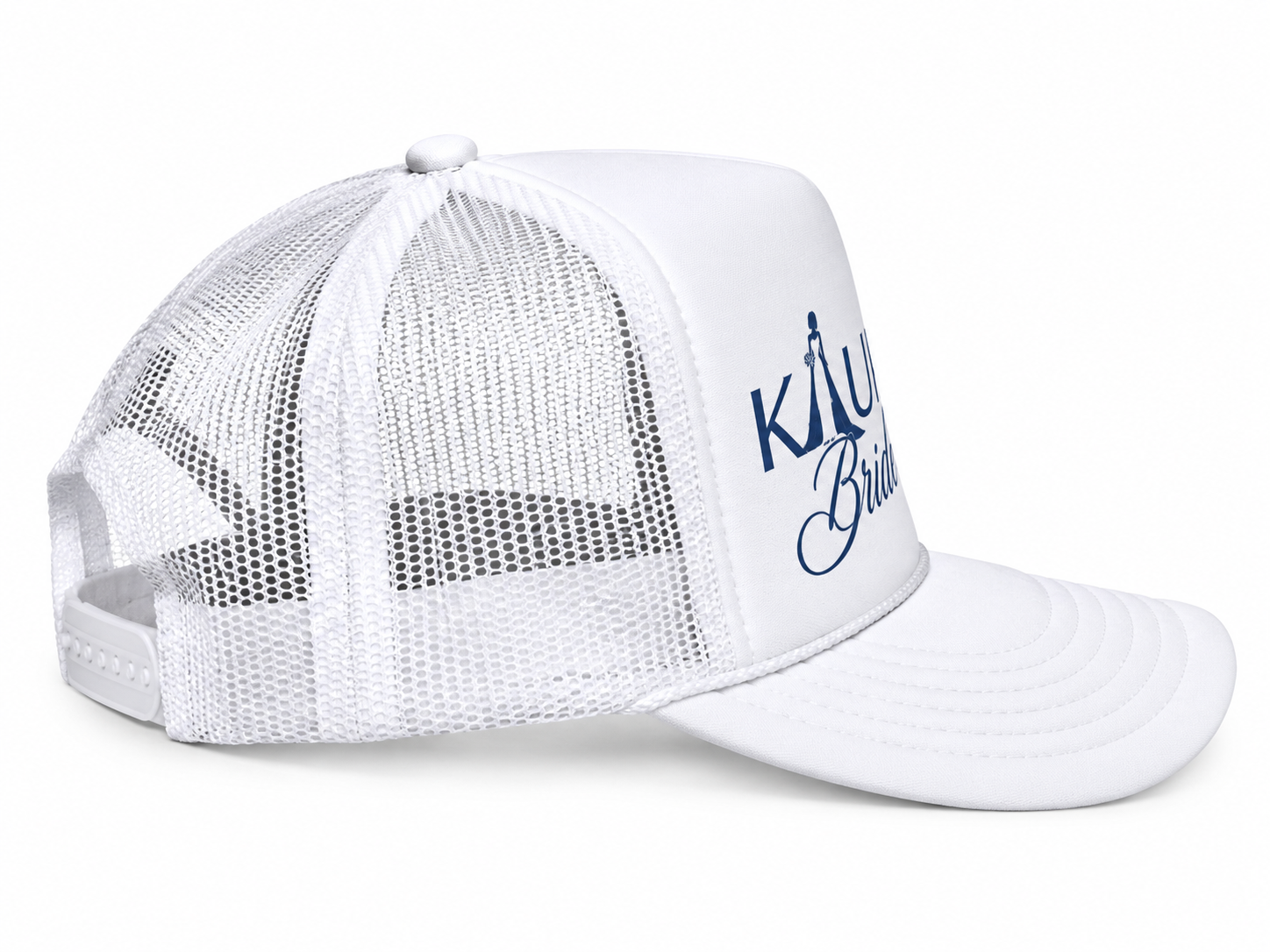 White Trucker Hat with Navy Bride Design.png