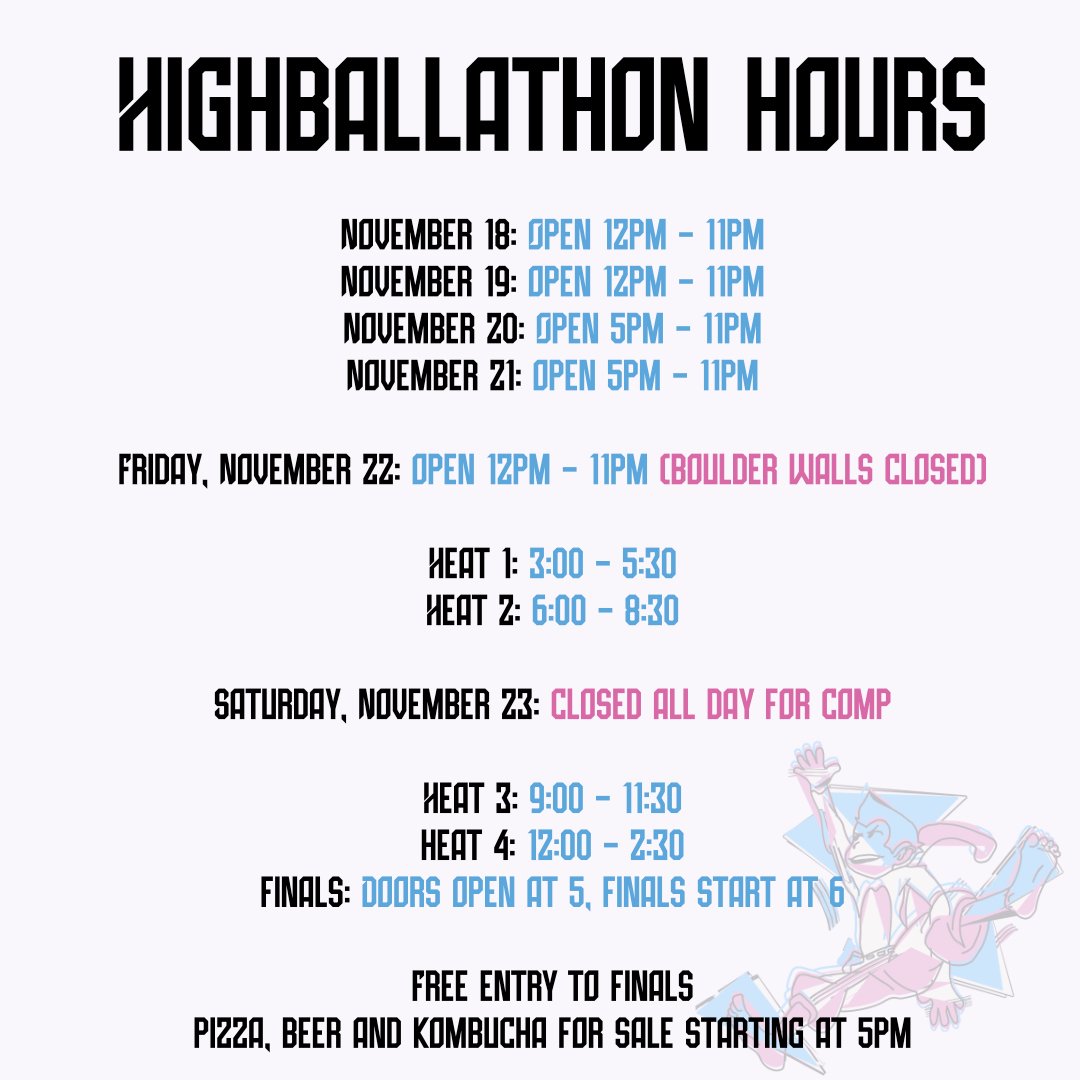 Heads up climbers! There will be some interruptions to our regular hours and setting schedules in preparation for Highballathon next week.

The lead wall is closed as of today. Both boulder walls will also be closed starting next week.

November 23rd