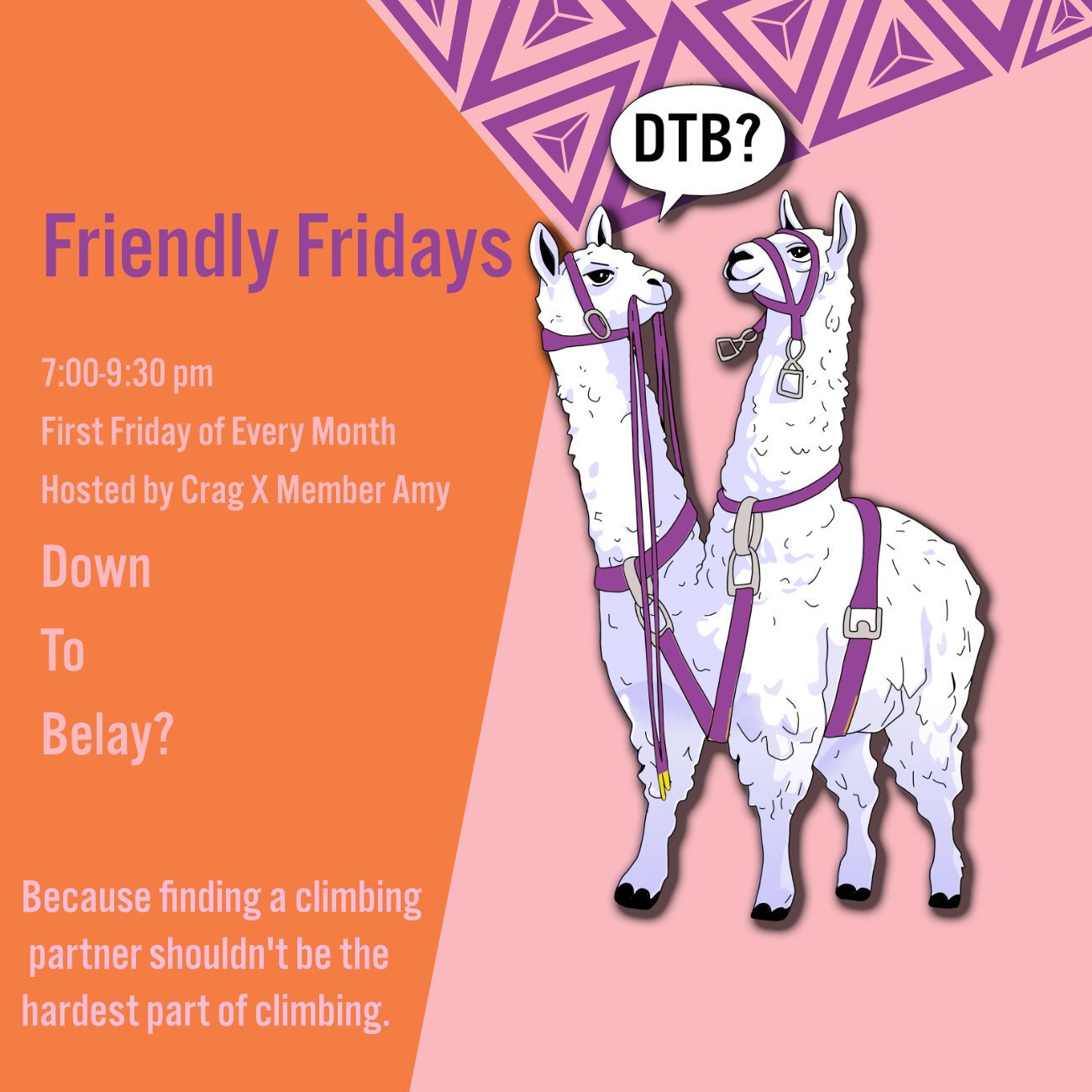 It's Friendly Friday next week!! Friday, December 6th!

Are you looking for some new climbing pals? Join other climbers in search of partners at Friendly Friday. Meet Crag X member Amy downstairs by the back of the gym and she'll get you paired up an