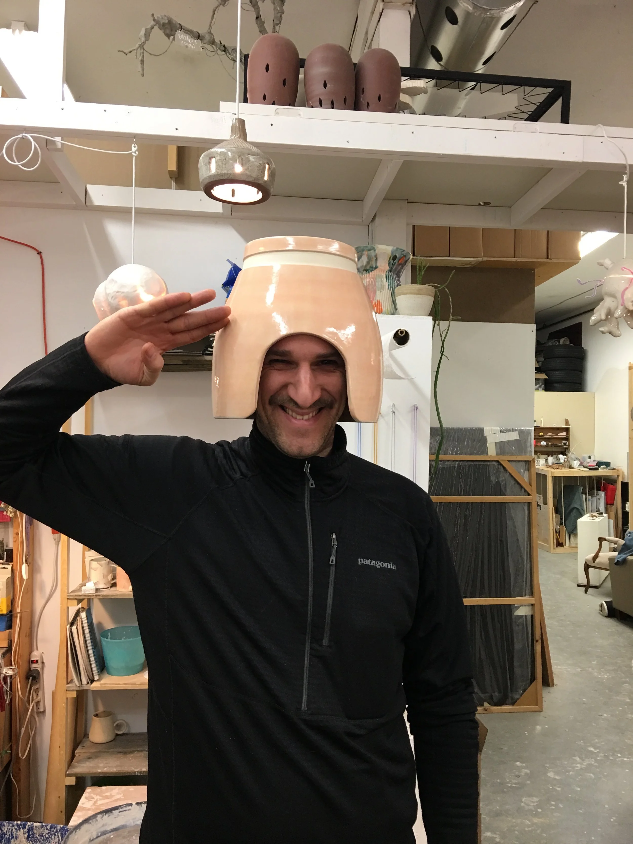 Mike Bourscheid testing the vase/helmet
