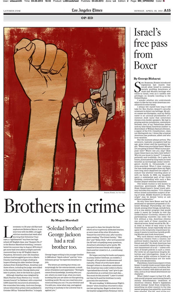 I did a quick turn around for Sundays LA Times Op-Ed. How fast you say? On Thursday I got asked for my availability at 1pm, received the article at 6pm, got final sketch approval at 11:30pm, and finished the final at 3 am. Gotta love overnight illustrations.
The article is about an incarcerated older brother who was involved in the Black Panthers in the 1960’s and his influence on his younger brother. His younger brother stood up a court room to seek revenge on a judge who sent his brother to prison and would later be taken down. That’s just a summary of what it’s about but it is actually a lot more chilling than I described.
Art Direction: Wes Bausmith (Thanks!)
Click here to read about it….