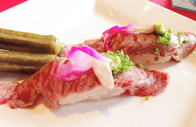 Wagyu Sushi With Pickled Okra