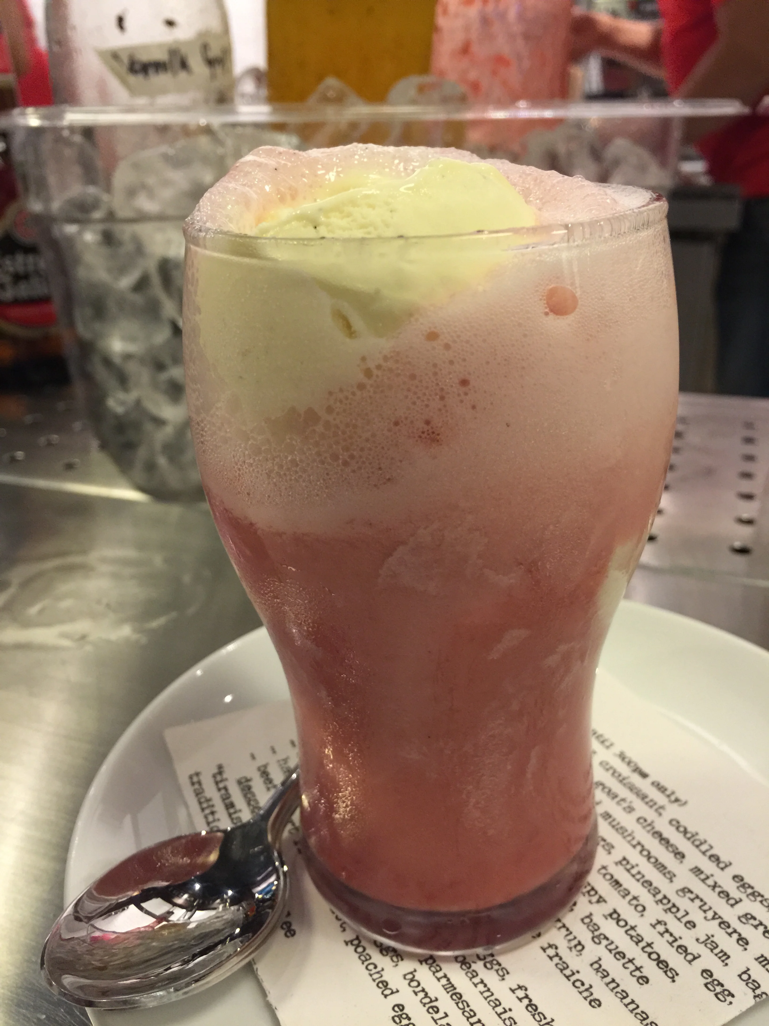 A taste of my childhood - vanilla ice cream, strawberry syrup and a spritz of soda 