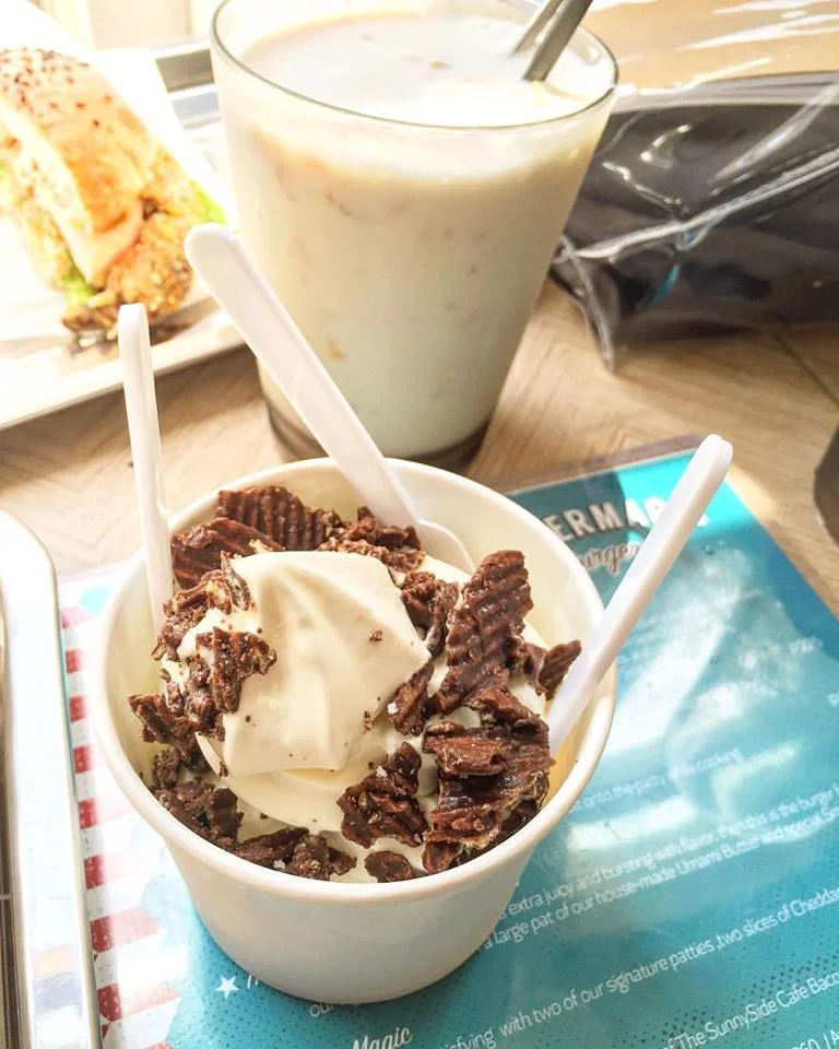 Frozen custard with chocolate covered potato chips and sea salt - just desserts at #SupermagicBurgers !
