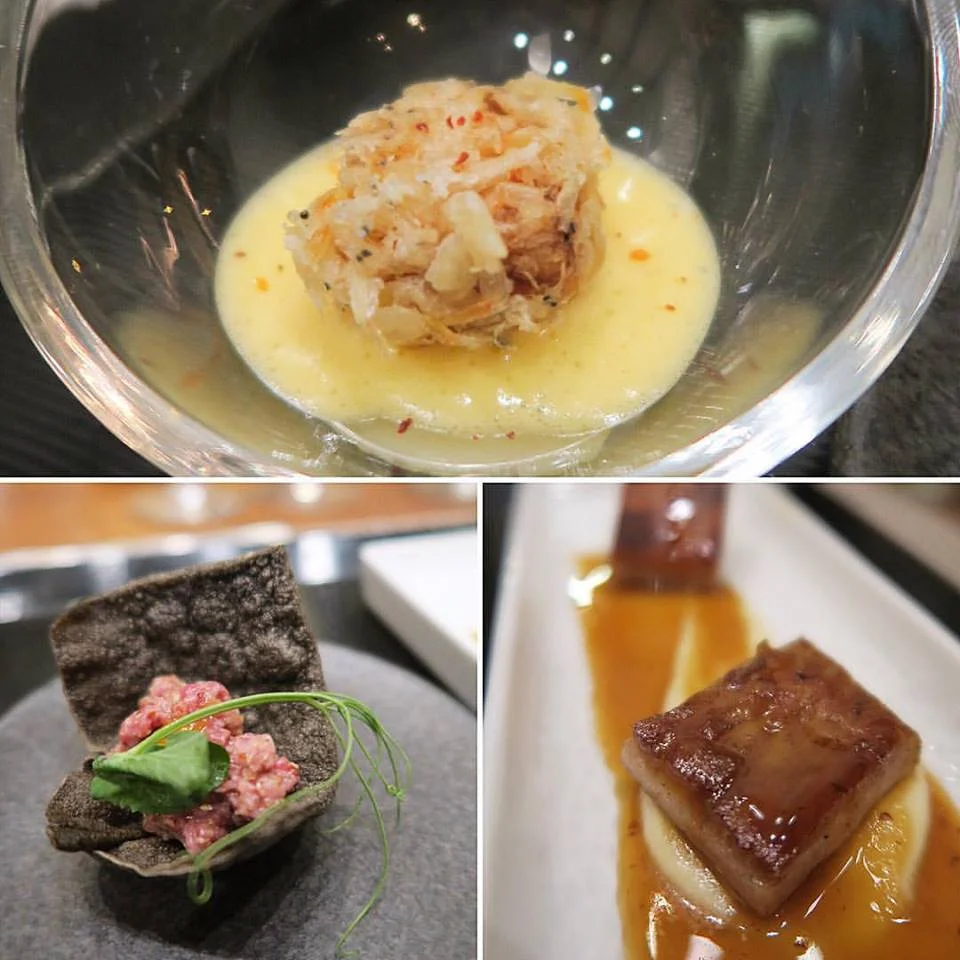 On top: a fritter made of ankimo - monk fish liver; a chip with beef and oyster tartare; and Iberico pork in a green apple sauce