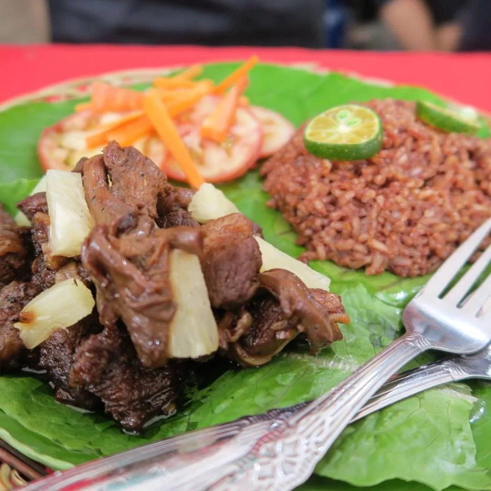 From the nanays of Gawad Kalinga who call themselves Team Kabutehan -- pretty tasty spicy mushrooms (one of their products), lamb shoulder, and fresh pineapple served with adobo rice. I was rooting for these ladies too - all such good sports for joining the #Adobolympics