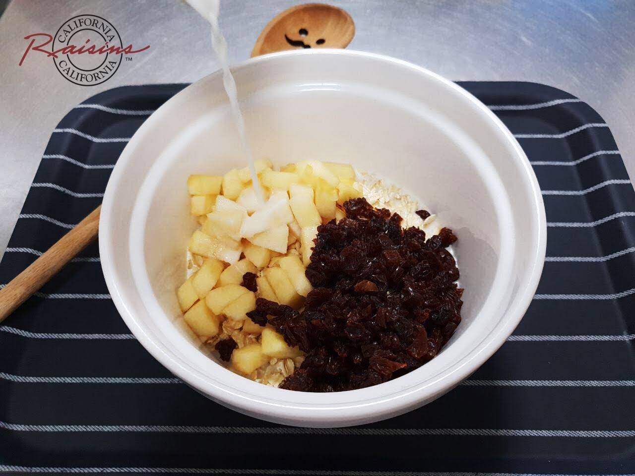 Put all the ingredients together - sweetened by California Raisins - add fresh milk, and soak overnight