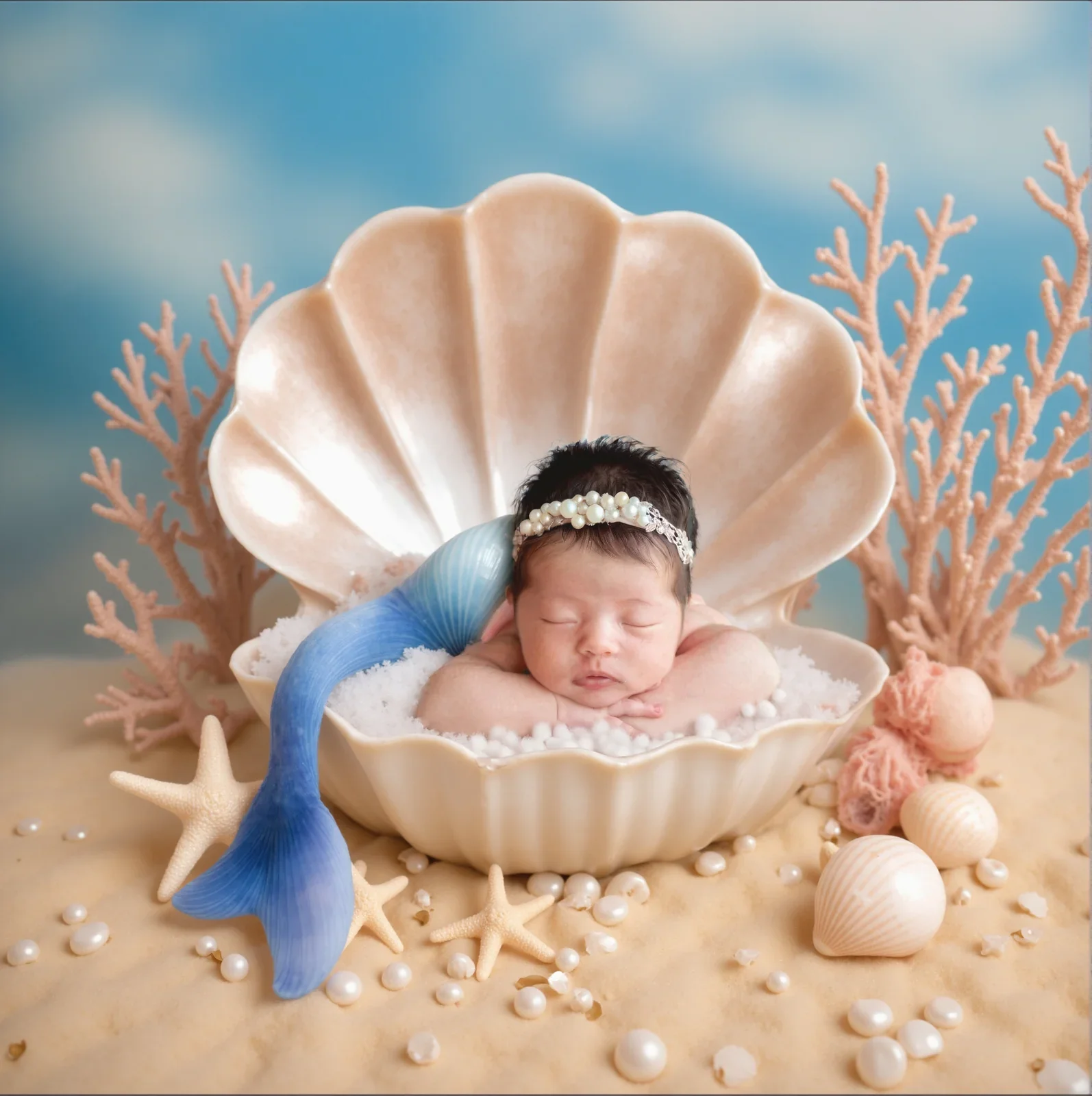 Newborn in a shell basket in an underwater-themed digital art portrait