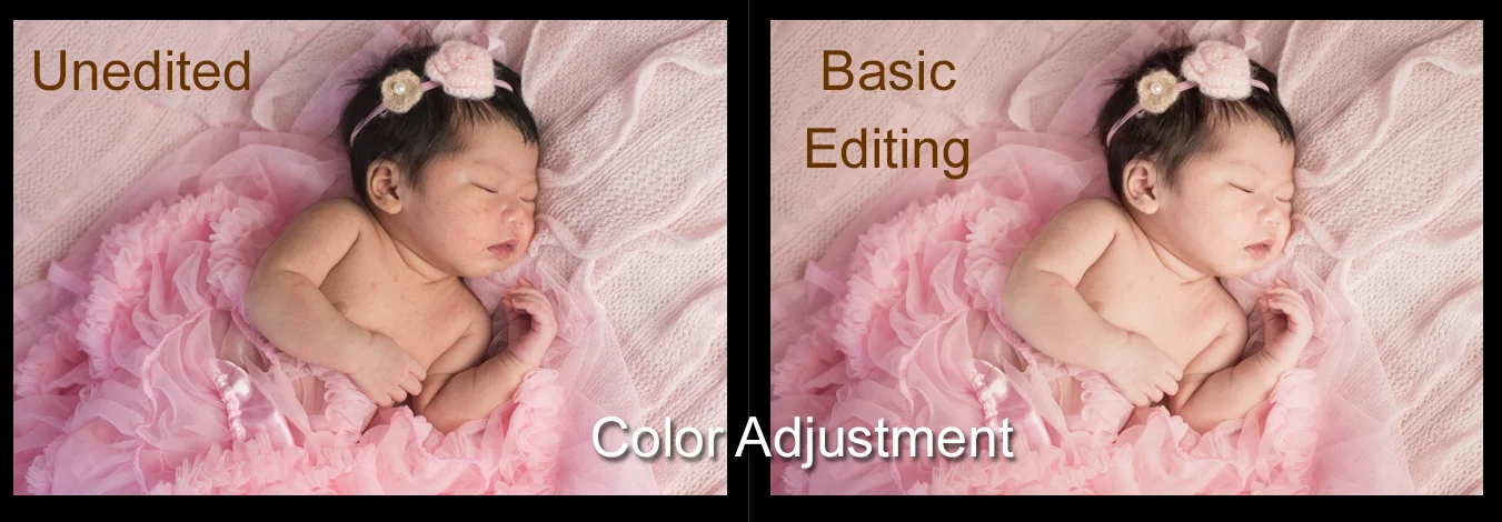 Before and after comparison — unedited photo versus basic color editing, Mamamiyo Photography