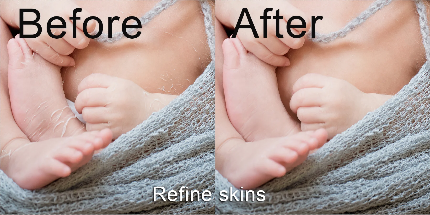 Before and after comparison — skin retouching on newborn photography, Mamamiyo Photography
