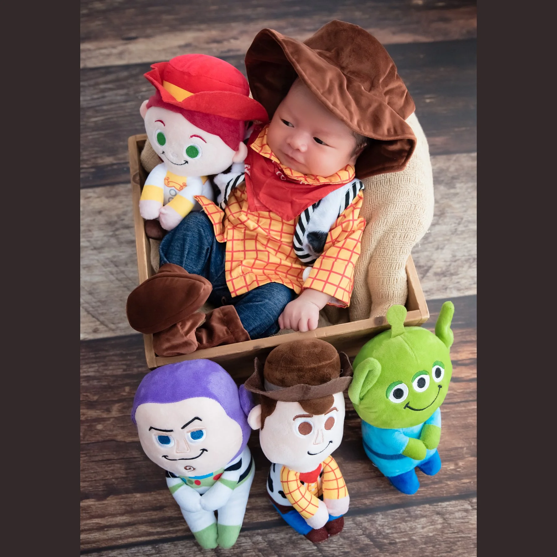 Newborn in a Woody cowboy outfit seated in a basket with Jessie and Toy Story character plush toys in front