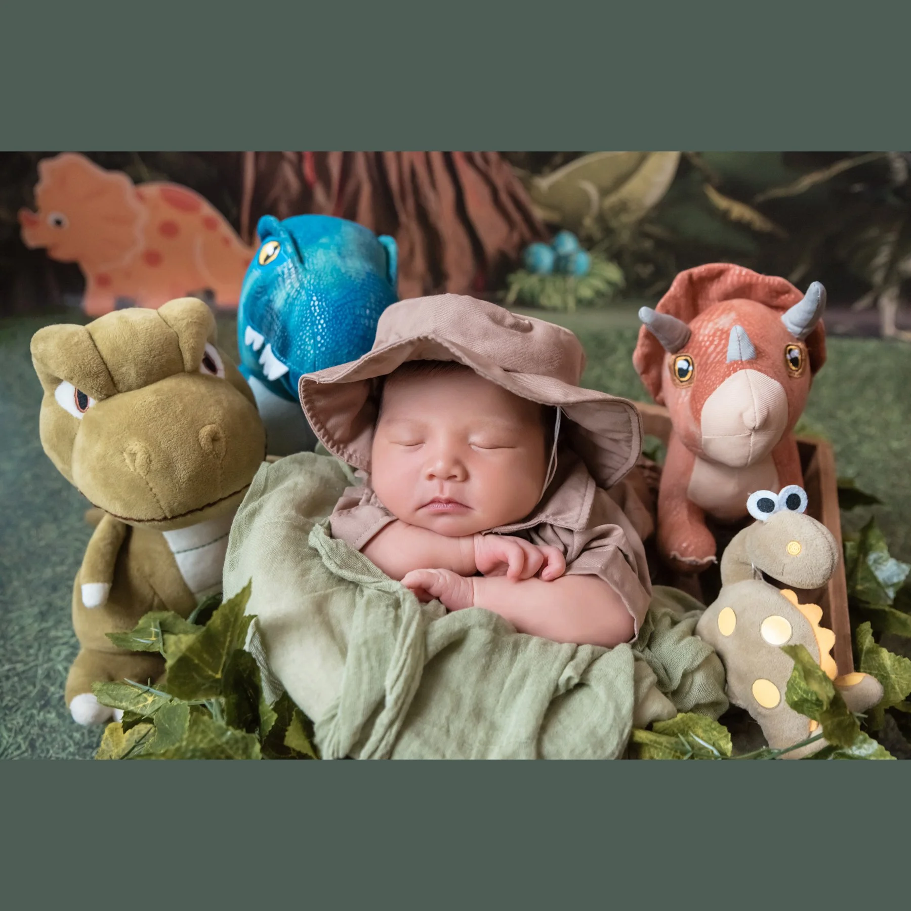 Close-up of a sleeping newborn in a safari hat resting the chin on folded arms with dinosaur plush toys behind