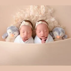 Newborn twins resting on a crescent moon surrounded by flowers and teddy bears