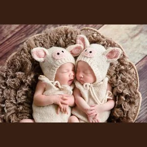 Sleeping newborn twins wearing cream knitted mouse hats in a rustic basket