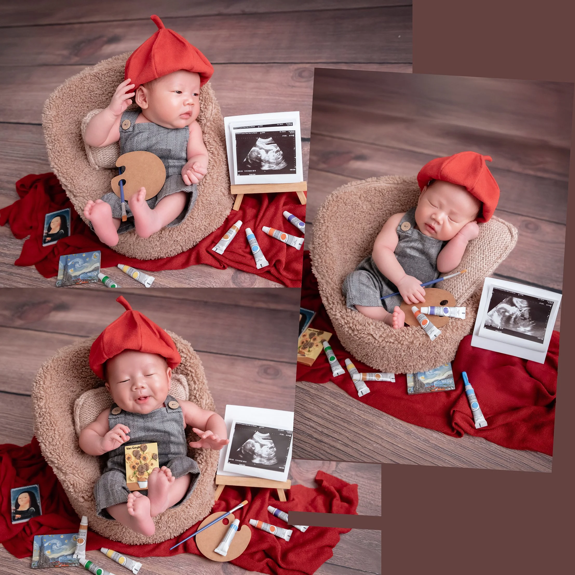 Three-photo collage of a newborn in a red painter beret and grey outfit in a beige basket among palettes, brushes and paint tubes