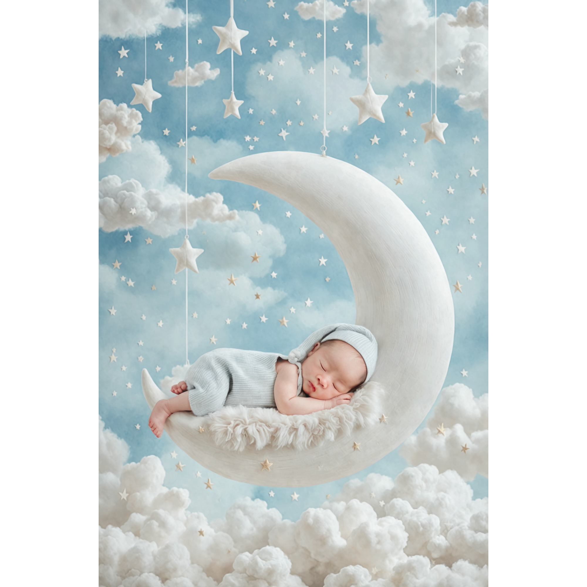 Sleeping newborn in pale blue clothing on a crescent moon amid clouds and hanging stars, digital composition