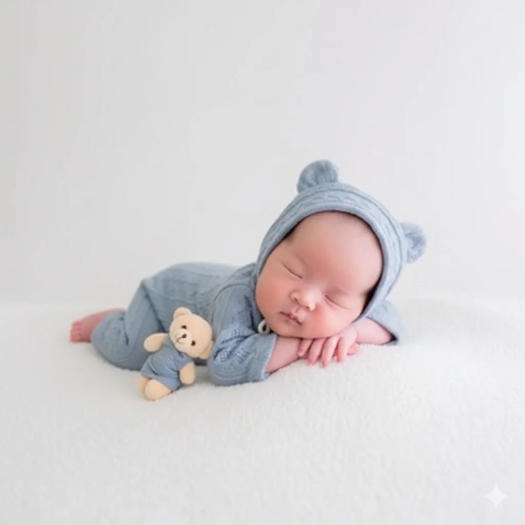 Sleeping newborn in a blue bear outfit resting on folded arms with a tiny teddy bear against a white backdrop