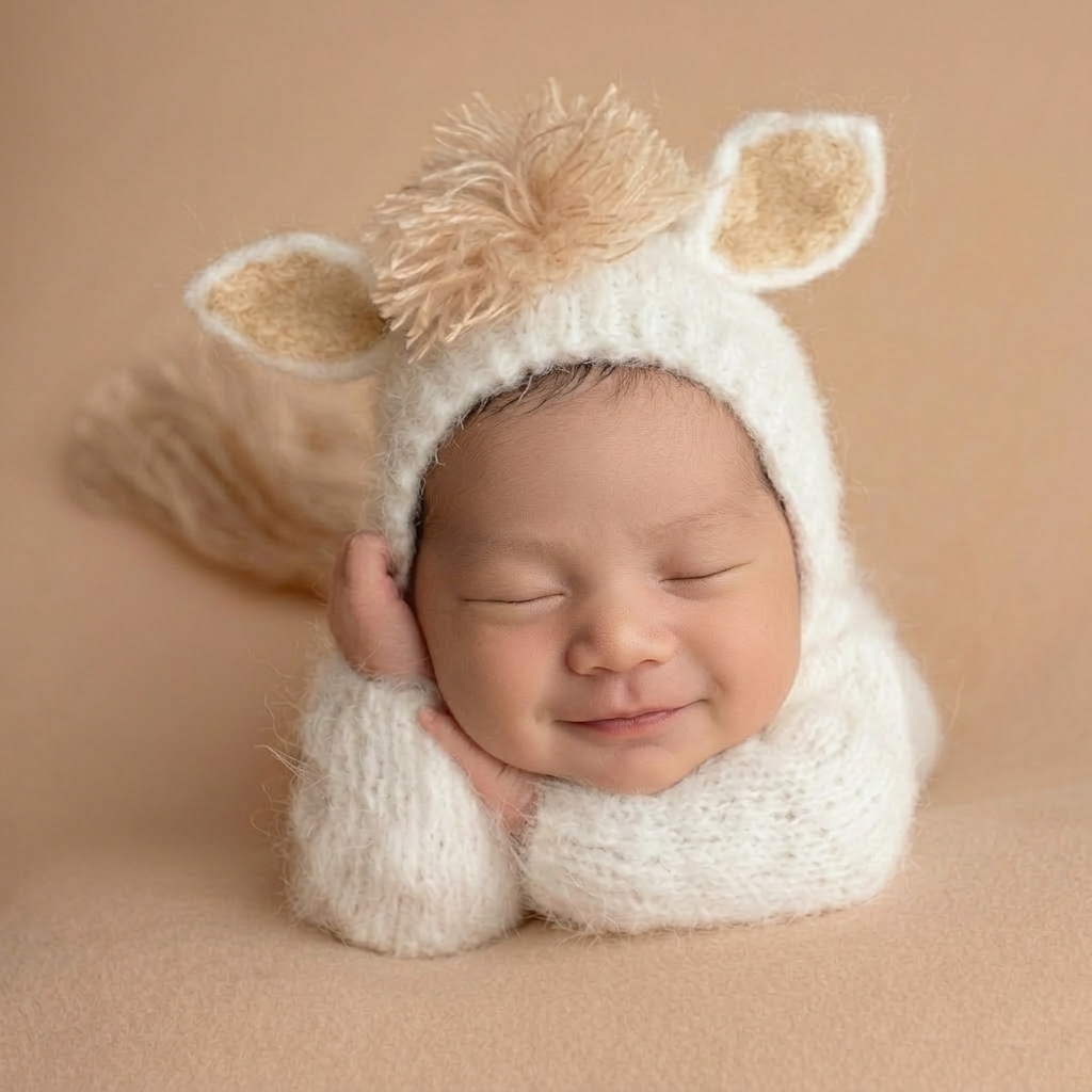 Smiling newborn in a white knitted horse hat resting both cheeks on hands against a tan backdrop