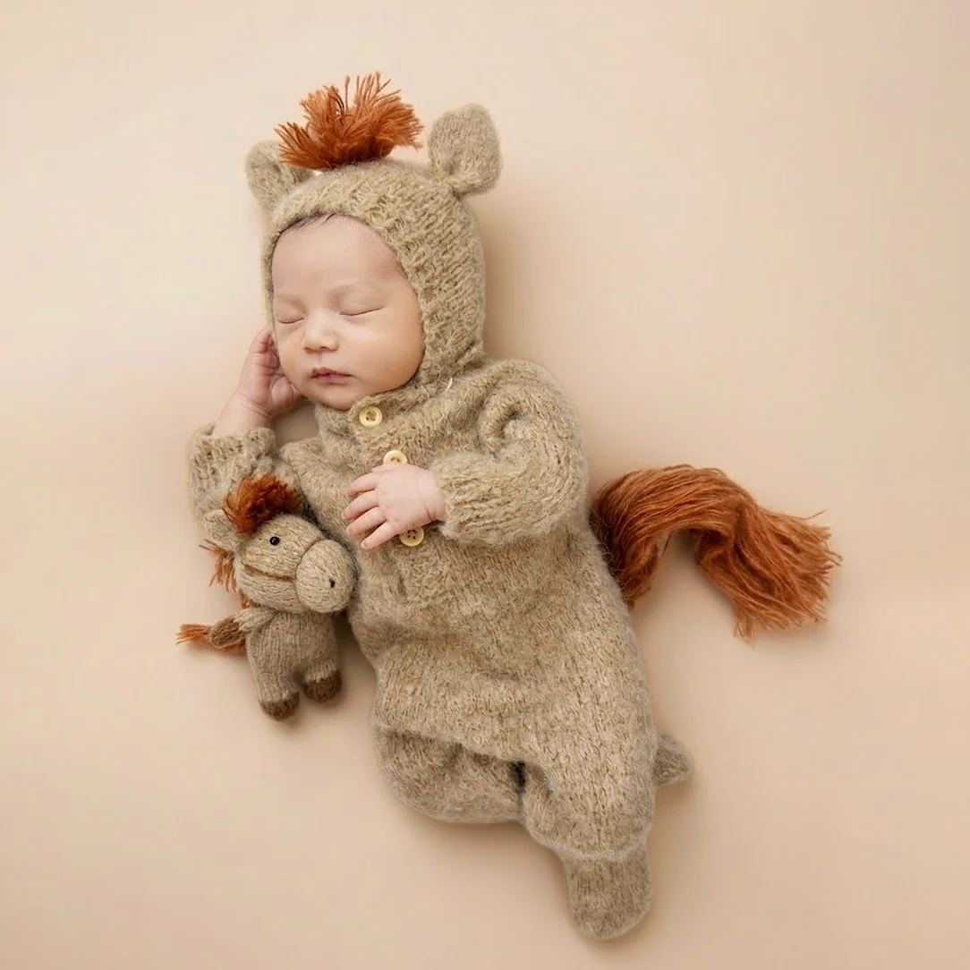 Sleeping newborn in a brown knitted horse outfit with a rust-coloured mane and tail, holding a small horse toy