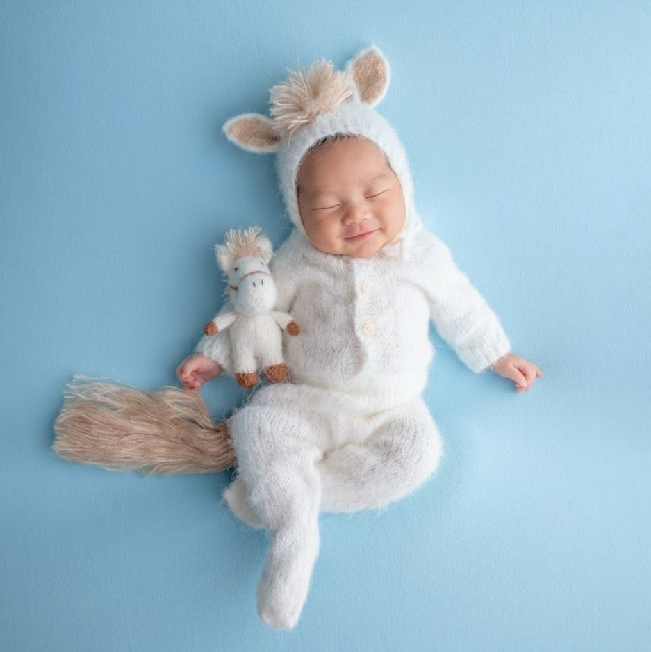 Sleeping newborn in a white knitted horse outfit with a pale mane and tail beside a horse toy against blue
