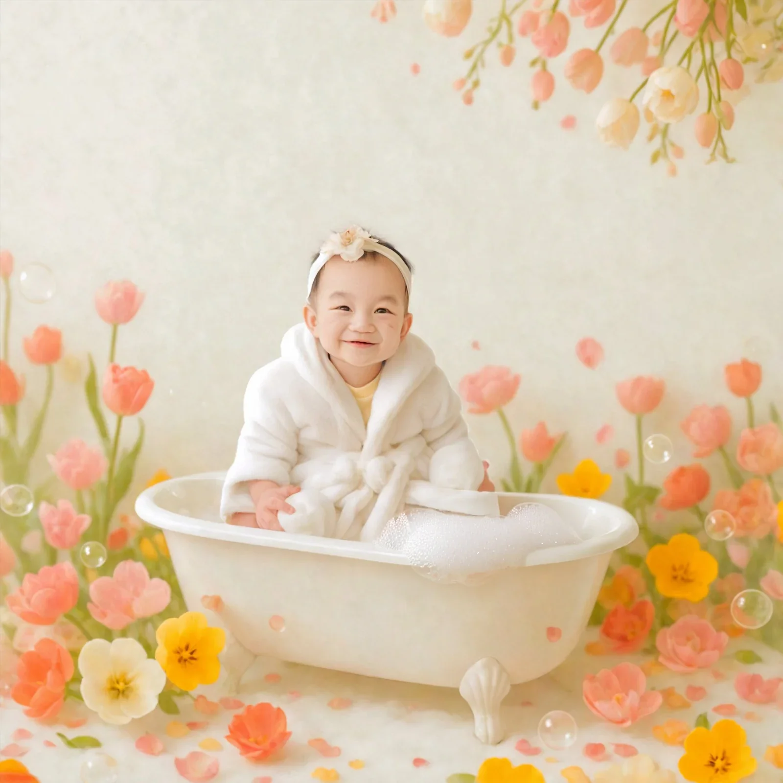 Baby seated in a miniature bath surrounded by flowers in a digital composition