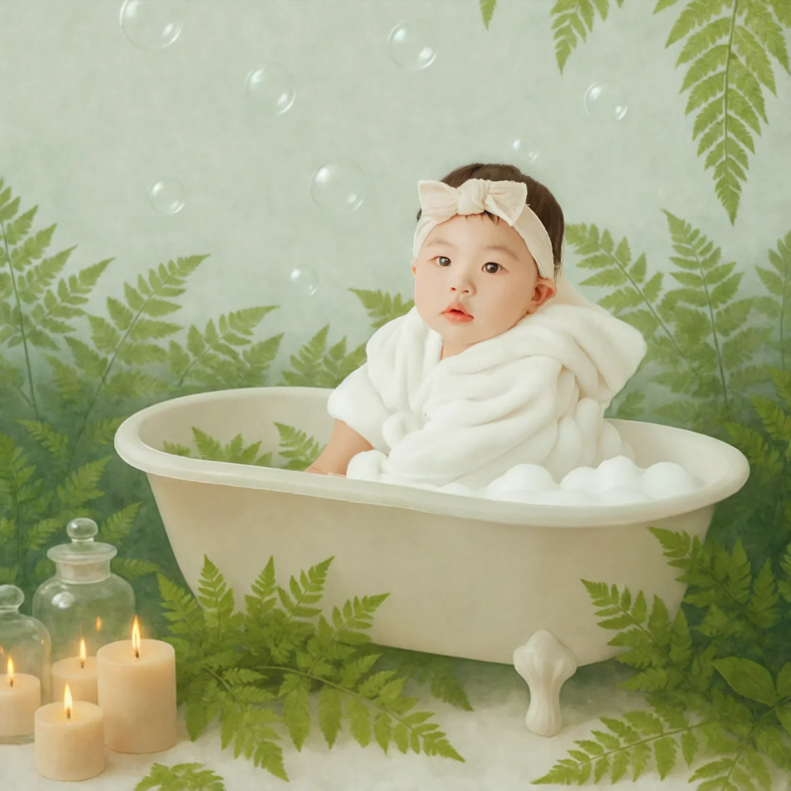 Baby in a miniature bath within a digitally composed green woodland setting