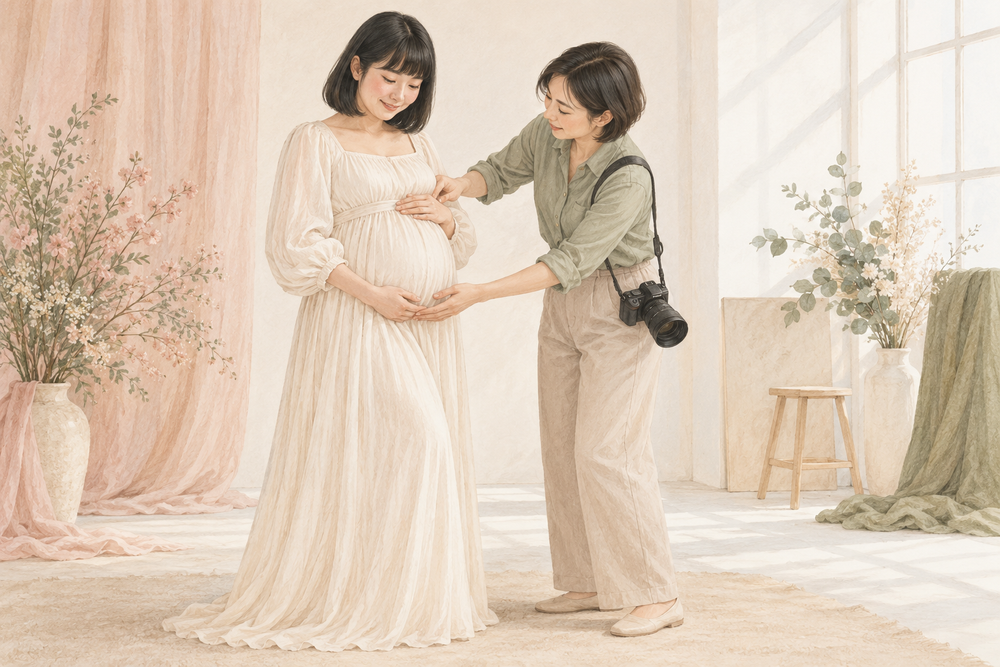 AI-generated illustration of a Chinese female photographer guiding maternity hand placement for Mamamiyo Photography Singapore