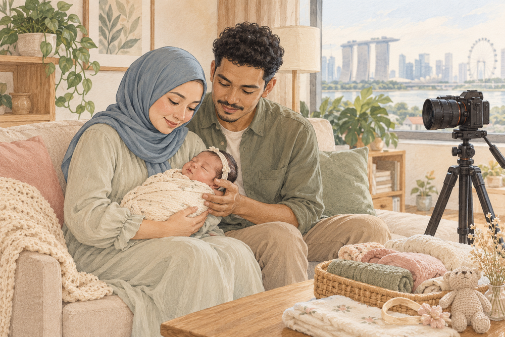 AI-generated illustration of parents holding a newborn at home for Mamamiyo Photography Singapore