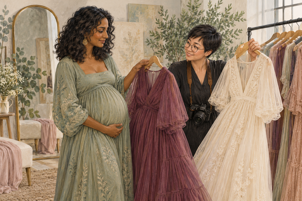 AI-generated maternity wardrobe illustration for Mamamiyo Photography Singapore; not Shufen or her photographer