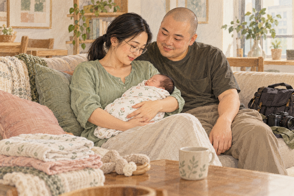 AI-generated illustration of parents holding their newborn at home for Mamamiyo Photography Singapore; not Evelyn’s family